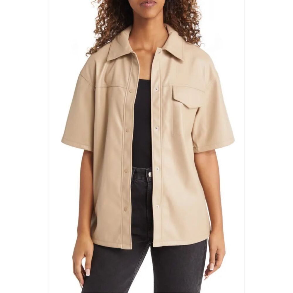Topshop Womens Short Sleeve Faux Leather Oversized Button-Up Shirt Tan Beige 4 N